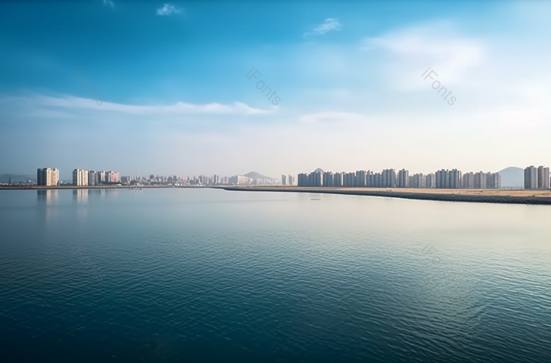 从海的对面看城市高楼大厦房屋建筑蓝色的天空海洋图像摄影,高清,摄影图,摄影图片,图片大全,摄影图免费下载